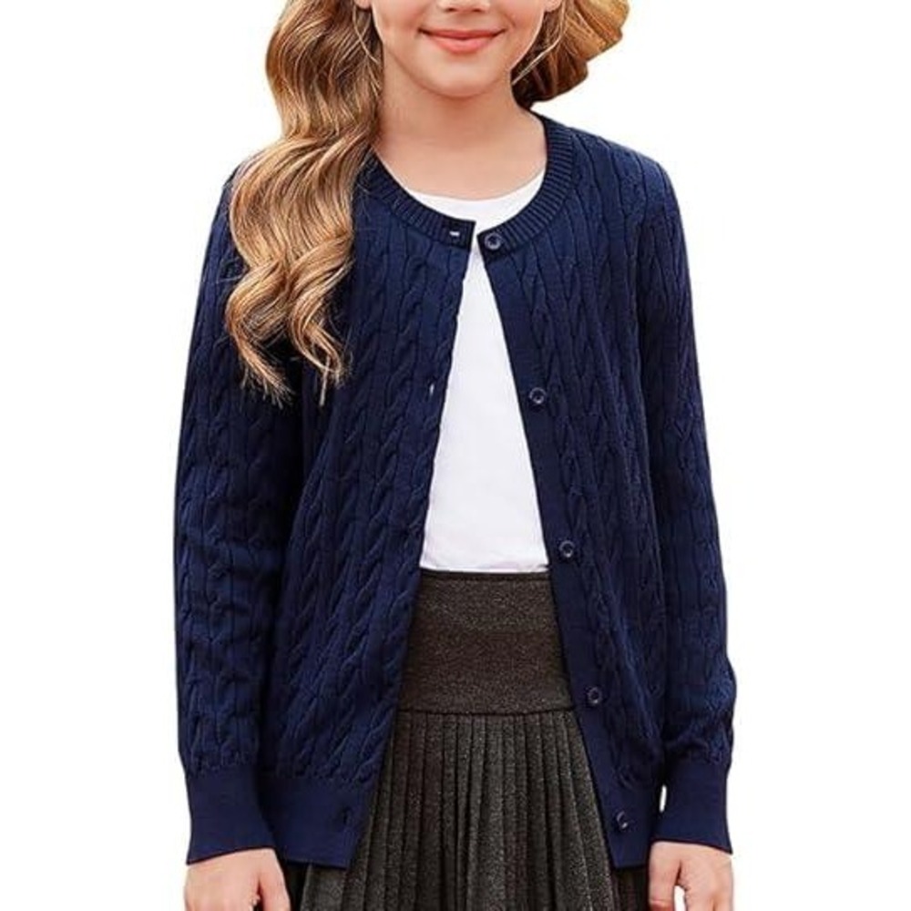 GRACE KARIN Kids Navy Blue‎ Cable Knit Cardigan Sweater Button Front Long Sleeve